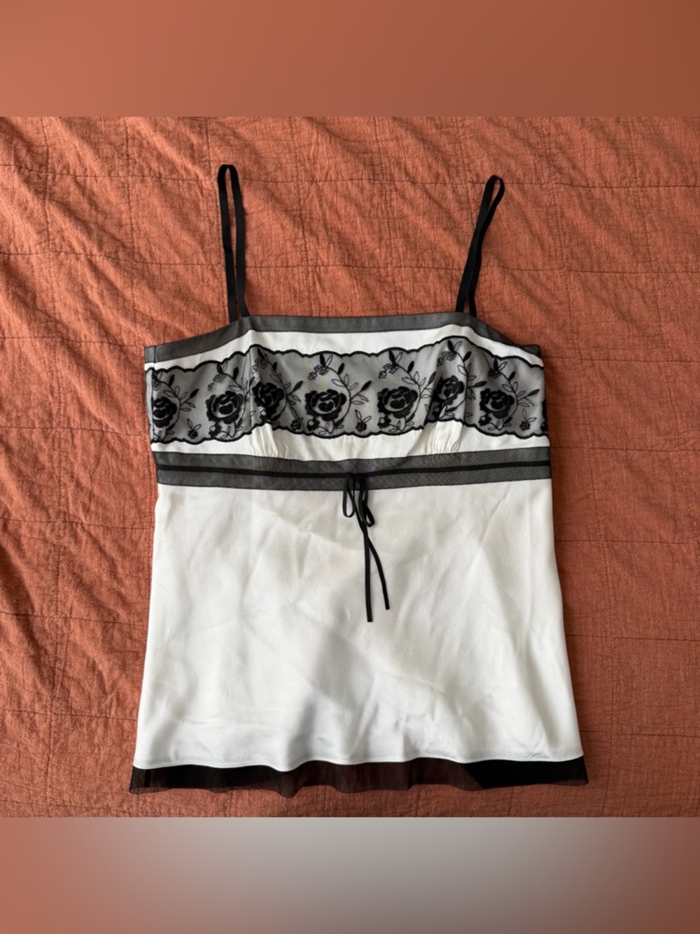 Vintage Ann Taylor Satin Silk Lace Tank 6 Ivory Coquette Goth Y2K Romantic